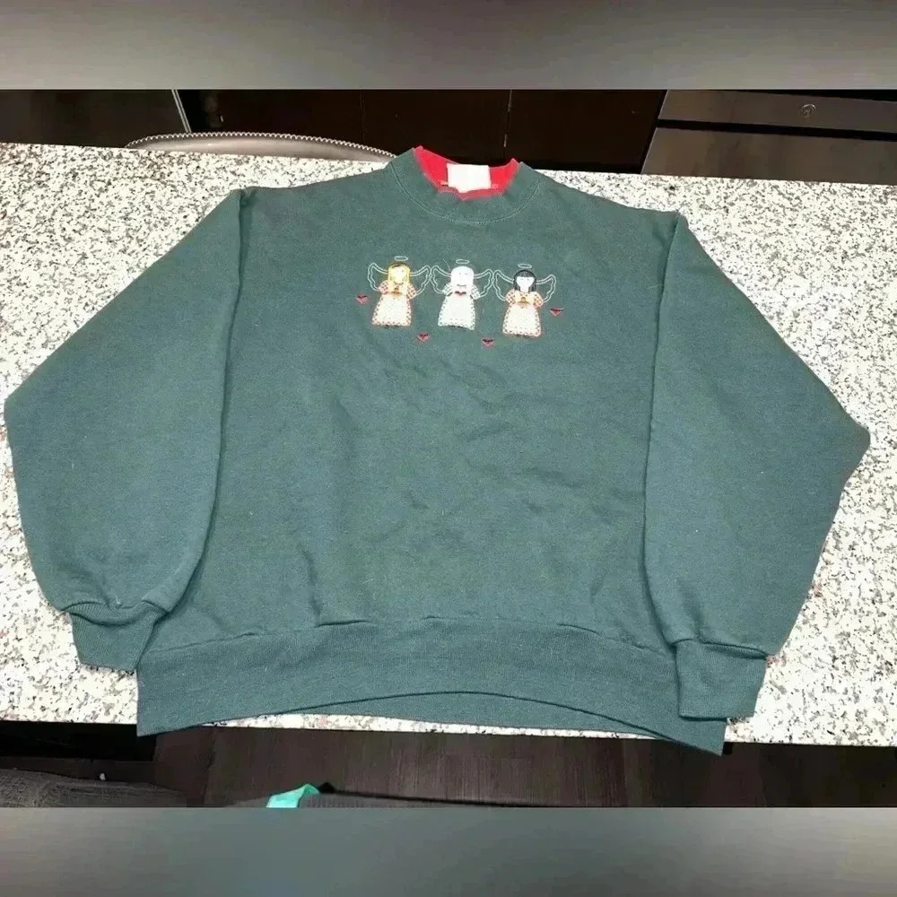 90s vintage Christmas angels sweatshirt by Morning Sun women’s Green Sz L
